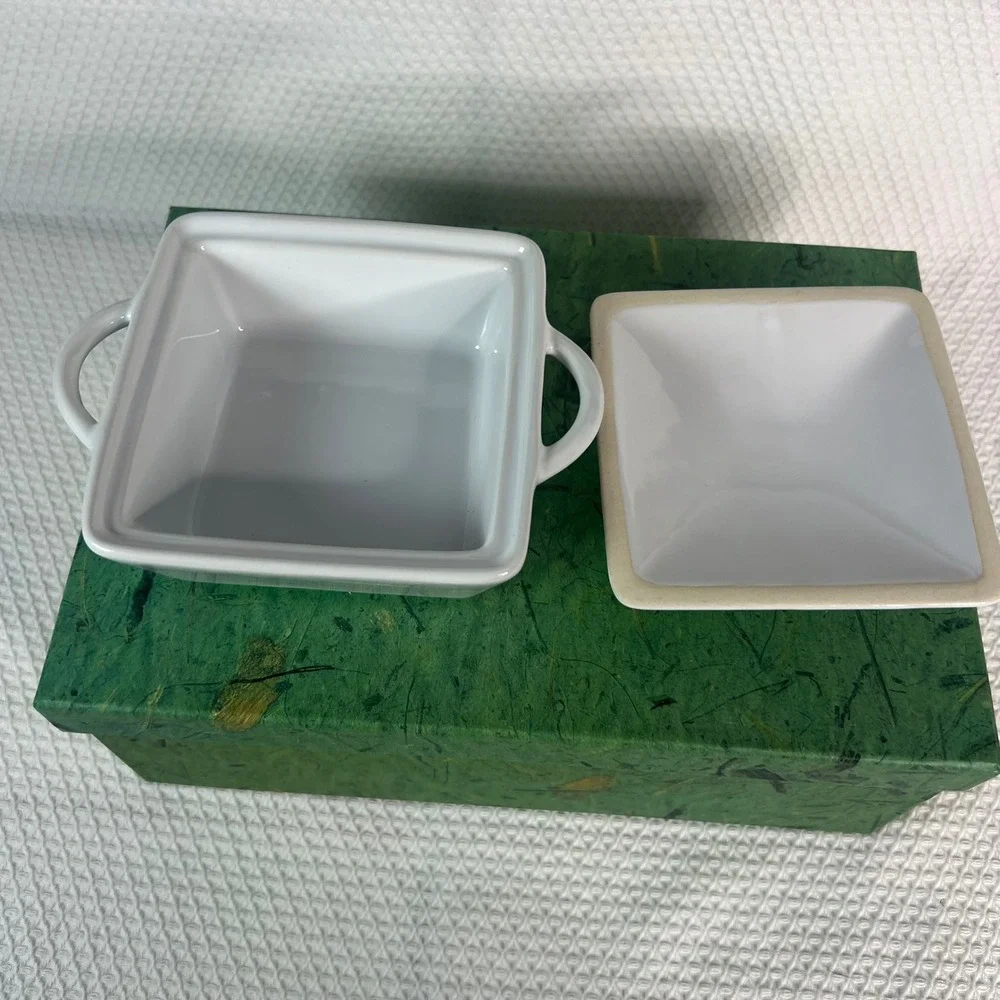 Martha Stewart White Ceramic Mini Casserole Square Lidded Ramekin 4.5in x 2 in